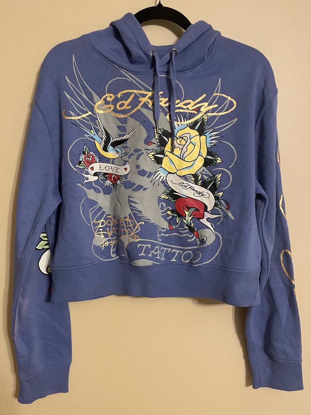 Ed Hardy Cropped Blue Hoodie gold Script Logo Size large